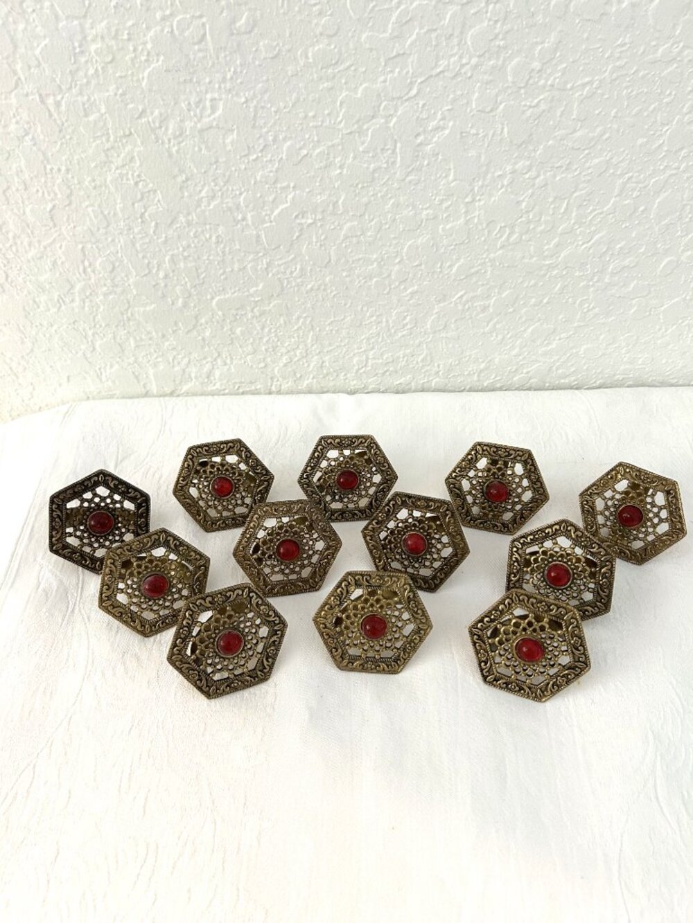 Vintage Burnished Gold Jeweled Napkin Rings, Set of 12
